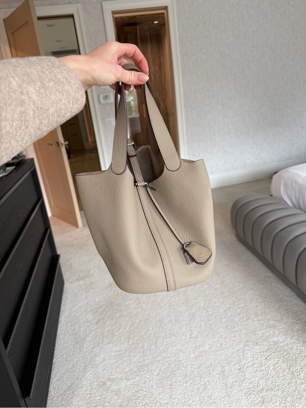Taupe Pebbled Leather Tote Bag - Women